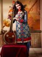 Платье / туника (камиз) из креп-жоржета цвета синей стали, с длинными прозрачными рукавами + широкие брюки (шальвары)