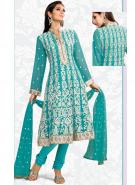 Голубое платье / туника из креп-жоржета с длинными прозрачными рукавами + летние брюки и накидка