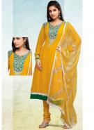 Платье / туника из креп-жоржета цвета гуммигут с длинными рукавами + летние брюки и накидка