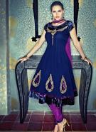 Сапфировое платье / туника из креп-жоржета с короткими рукавами + летние фиолетово-баклажанные брюки и накидка