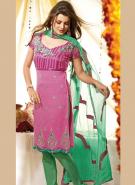 Лиловое платье / туника из креп-жоржета с короткими рукавами + летние зелёные брюки и накидка