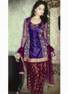 Тёмно-фиолетовое платье / туника из шёлка и парчи, с длинными прозрачными рукавами + широкие сливовые брюки (шальвары)