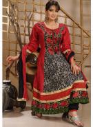 Красное длинное платье «в пол» из хлопка и шёлка, с длинными рукавами + летние чёрные брюки и накидка