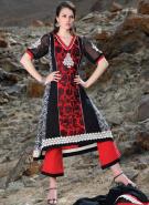 Чёрно-бело-красное платье / туника из креп-жоржета с рукавами до локтя + летние брюки и накидка