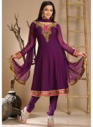 Фиолетовое платье / туника из креп-жоржета с длинными прозрачными рукавами из шифона + летние брюки и накидка
