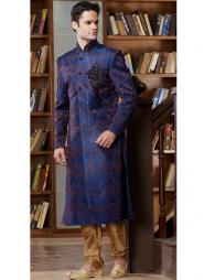 Синий нестандартный индийский свадебный мужской костюм из парчи (брюки золотисто-коричневые)