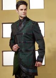 Чёрно-зелёный национальный индийский свадебный мужской костюм из шёлка (брюки чёрные)