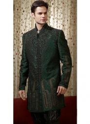 Тёмно-зелёный необычный индийский свадебный мужской костюм из шёлка (брюки чёрные) для жениха