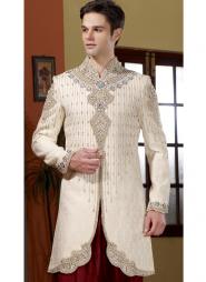 Национальный мужской костюм из парчи цвета слоновой кости (брюки сангиновые) для свадьбы в индийском стиле