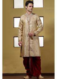 Бежевый национальный индийский свадебный мужской костюм из шёлка (брюки сангиновые)