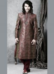 Коричневый стильный индийский свадебный мужской костюм из шёлка (брюки цвета блошиного брюшка)