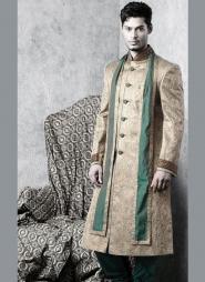 Кремовый бирюзовый национальный индийский свадебный мужской костюм из парчи (брюки бутылочного цвета)