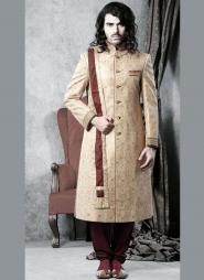 Кремовый необычный индийский свадебный мужской костюм жениха из парчи (брюки цвета блошиного брюшка)