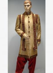 Золотой индийский национальный свадебный мужской костюм из шёлка (брюки алые)