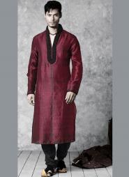 Тёмно-алый национальный индийский свадебный мужской костюм из жаккардовой ткани (брюки чёрные)