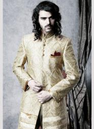 Лимонно-кремовый национальный индийский свадебный мужской костюм из шёлка (брюки оливковые)