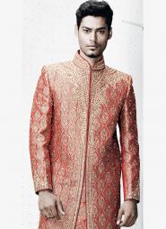 Красный нестандартный индийский свадебный мужской костюм из шёлка