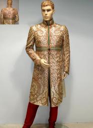 Сливочный оригинальный индийский свадебный мужской костюм из шёлка (брюки сангиновые)