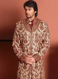 Сливочный национальный индийский свадебный мужской костюм из шёлка