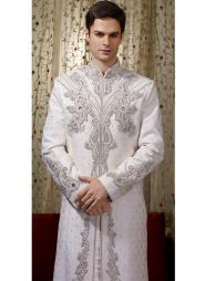 Белый необычный индийский свадебный мужской костюм из шёлка для жениха