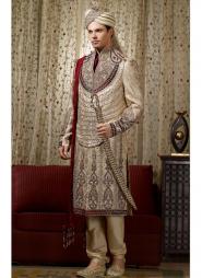 Жёлто-коричневый необычный индийский свадебный мужской костюм из парчи