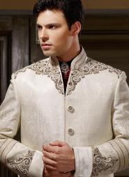 Сливочный национальный свадебный мужской костюм из парчи в индийском стиле