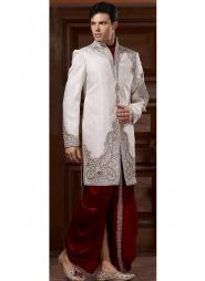 Белый народный индийский свадебный мужской костюм из шёлка (брюки сангиновые)