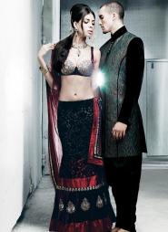 Чёрный национальный индийский свадебный мужской костюм из шёлка