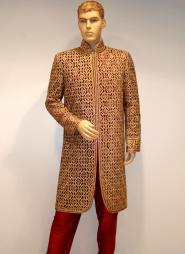 Золотой с красным национальный индийский свадебный мужской костюм из шёлка (брюки красные)