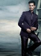 Модный мужской френч (воротник — стойка) цвета индиго + брюки + рубашка + галстук с брошью