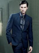 Тёмно-голубой стильный мужской костюм-тройка (с жилетом) + рубашка + галстук с брошью