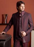 Тёмно-красный современный мужской костюм-тройка (с жилетом) + рубашка + галстук с брошью