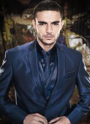 Тёмно-голубой классический мужской костюм-тройка (с жилетом) + рубашка + галстук