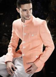 Лососевый модный мужской френч (воротник — стойка) + брюки цвета льна