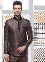 Кофейный модный мужской френч (воротник — стойка) + брюки