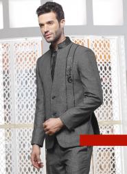 Серый вечерний мужской френч (воротник — стойка) + брюки + рубашка + галстук с брошью