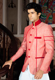 Красный с белым льняной мужской френч (воротник — стойка) + белые брюки_St