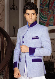 Сиреневый льняной мужской френч (воротник — стойка) + белые брюки