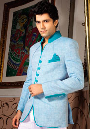 Голубой льняной мужской френч (воротник — стойка) + белые брюки