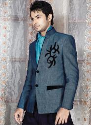 Синий льняной мужской френч (воротник — стойка), украшенный вышивкой + брюки