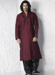 Бордовый современный индийский свадебный мужской костюм из шёлка (брюки чёрные)