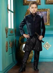 Тёмно-синий френч (воротник — стойка) + необычные брюки + рубашка + шейный платок с брошью для мальчиков от 2 до 16 лет