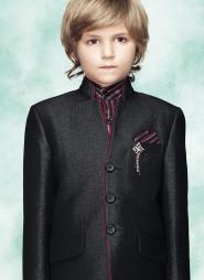 Чёрный нарядный френч (воротник — стойка) + брюки + полосатая рубашка для мальчиков от 2 до 16 лет