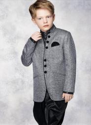 Серый торжественный френч (воротник — стойка) + чёрные брюки галифе + чёрная рубашка для мальчиков от 2 до 16 лет