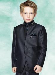 Чёрный нарядный френч (воротник — стойка) + брюки + рубашка в горошек для мальчиков от 2 до 16 лет