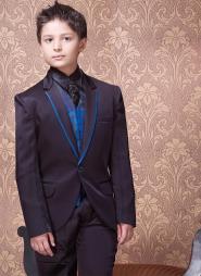 Чёрный красивый костюм-тройка (с синим жилетом) + рубашка + галстук с брошью для мальчиков от 2 до 16 лет