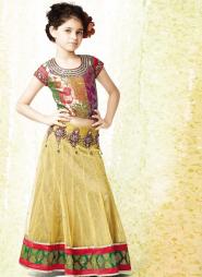 Жёлтый индийский национальный костюм — лехенга (ленга) чоли для девочек от 2 до 16 лет из парчи, украшенный вышивкой люрексом и стразами
