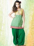 Золотисто-зелёный шёлковый наряд для индийского танца — шальвар камиз