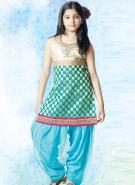 Золотисто-зелёно-голубой шёлковый наряд для индийского танца — шальвар камиз