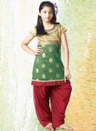 Золотисто-зелёно-бордовый шёлковый наряд для индийского танца — шальвар камиз